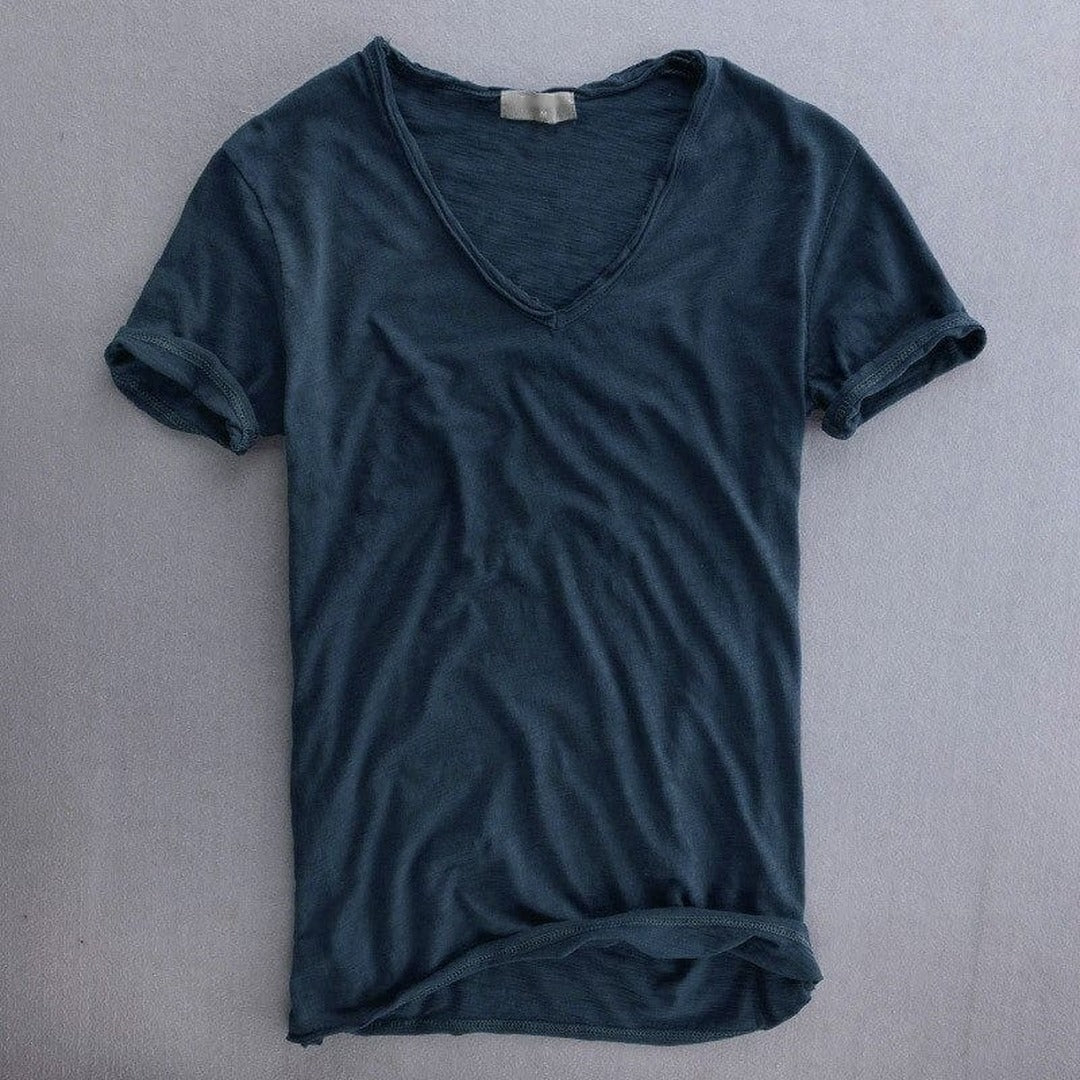 Men's Short Sleeve T-Shirt with Deep V-Neckline and Raw-Edge Hem