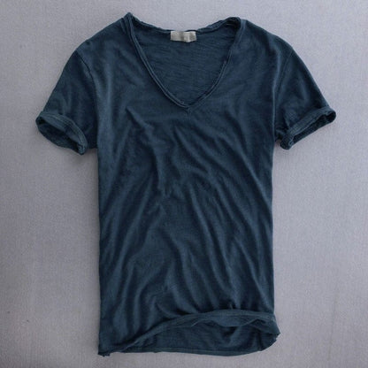 Men's Short Sleeve T-Shirt with Deep V-Neckline and Raw-Edge Hem