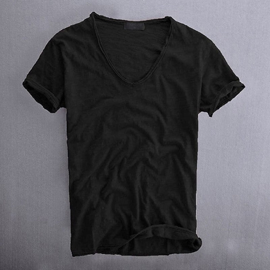Men's Short Sleeve T-Shirt with Deep V-Neckline and Raw-Edge Hem