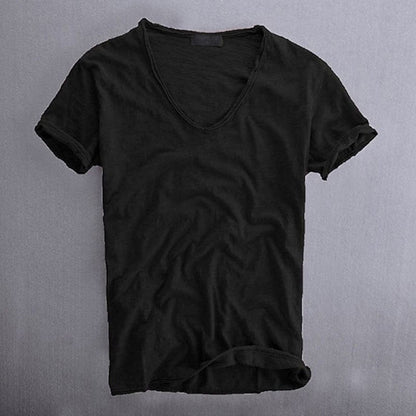 Men's Short Sleeve T-Shirt with Deep V-Neckline and Raw-Edge Hem
