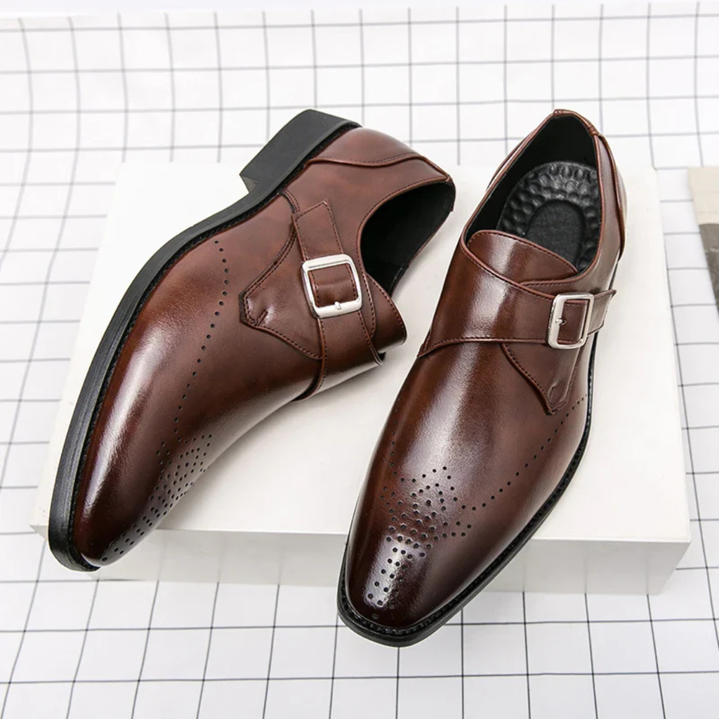 Men's Single Monk Strap Dress Shoes with Brogue Perforation and Square Toe