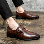 Men's Single Monk Strap Dress Shoes with Brogue Perforation and Square Toe
