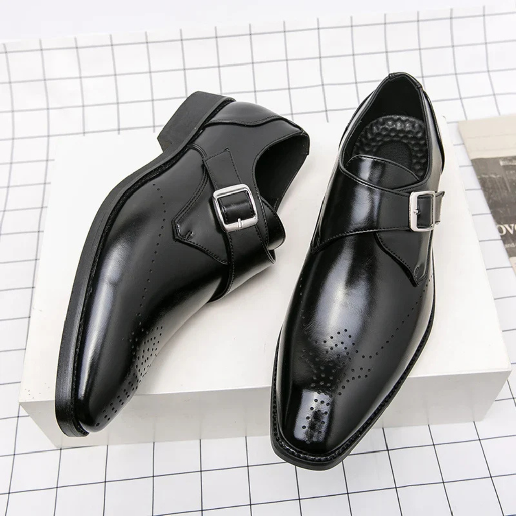 Men's Single Monk Strap Dress Shoes with Brogue Perforation and Square Toe