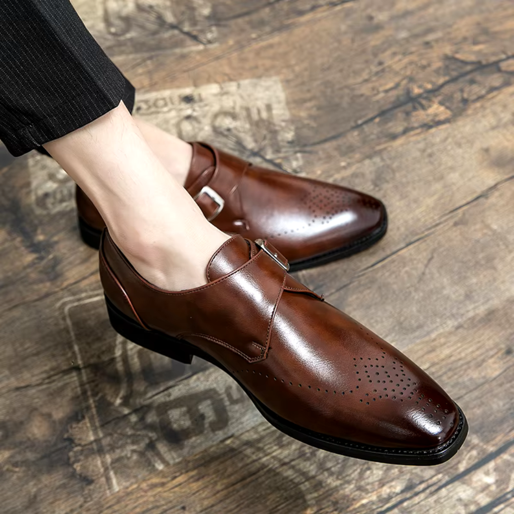 Men's Single Monk Strap Dress Shoes with Brogue Perforation and Square Toe