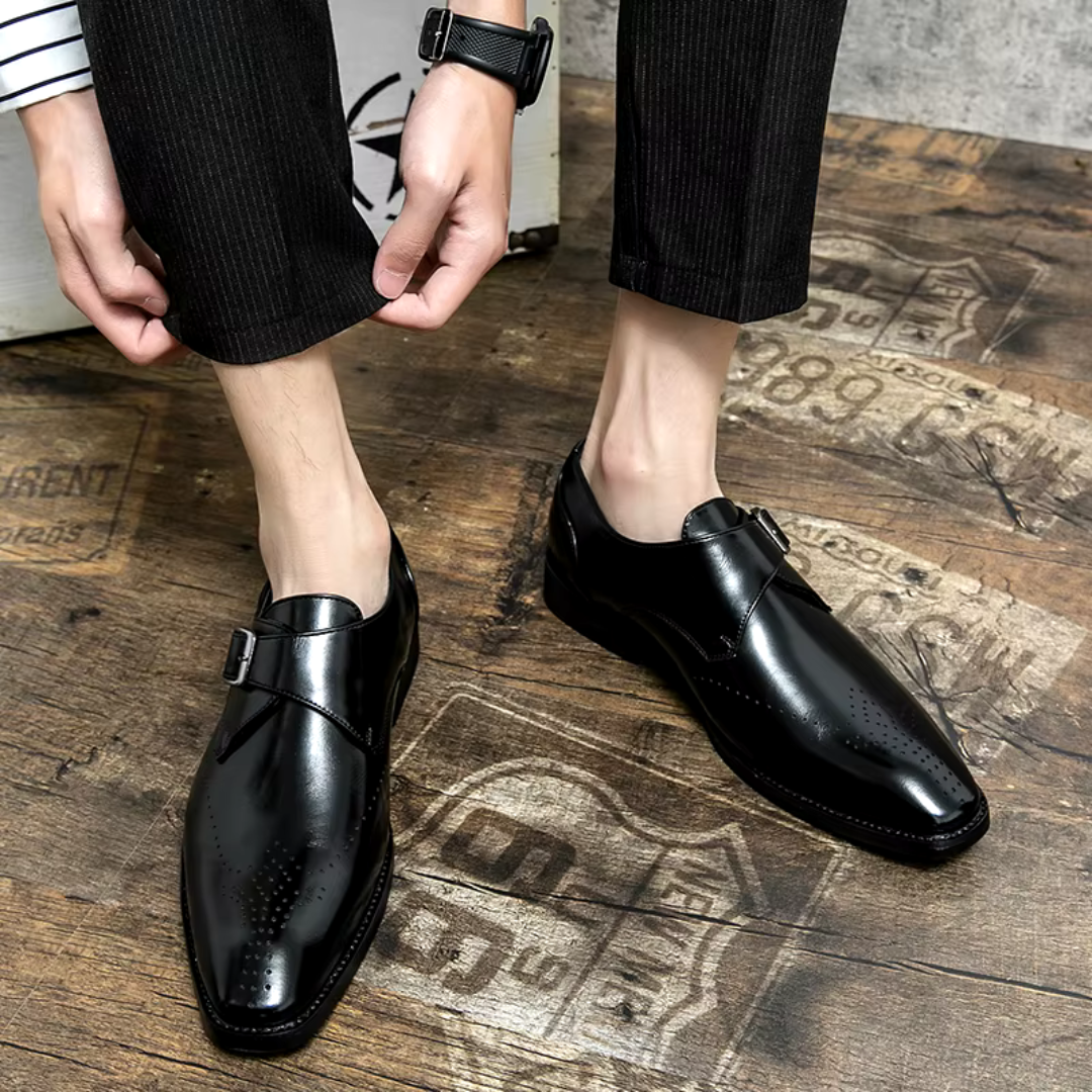 Men's Single Monk Strap Dress Shoes with Brogue Perforation and Square Toe