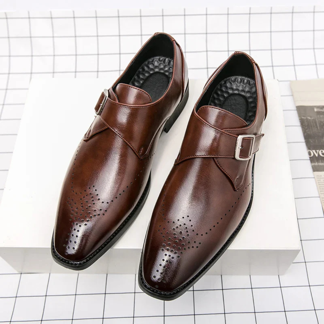 Men's Single Monk Strap Dress Shoes with Brogue Perforation and Square Toe