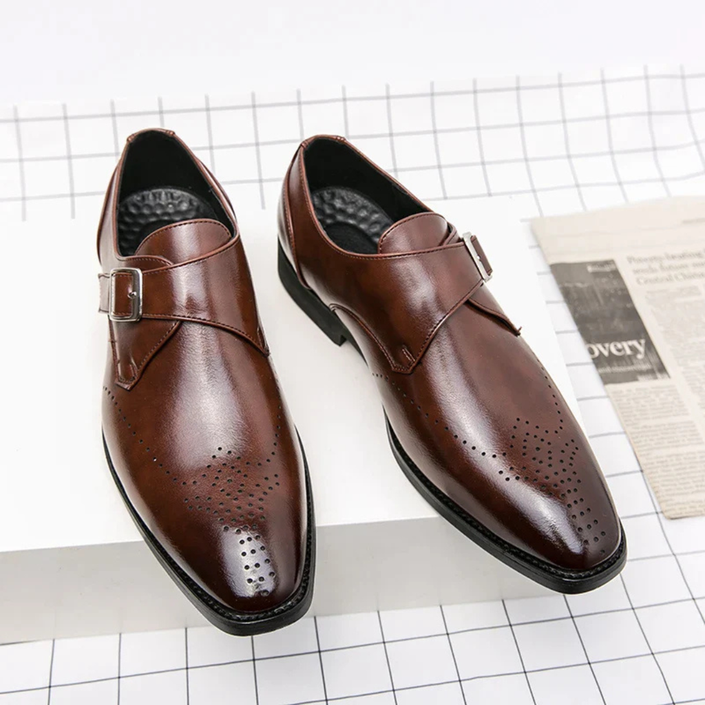 Men's Single Monk Strap Dress Shoes with Brogue Perforation and Square Toe