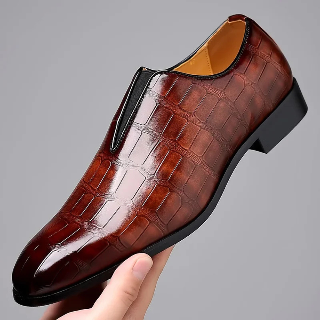 Men's Slip-On Dress Shoe with Crocodile Embossed Texture and Block Heel
