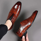 Men's Slip-On Dress Shoe with Crocodile Embossed Texture and Block Heel