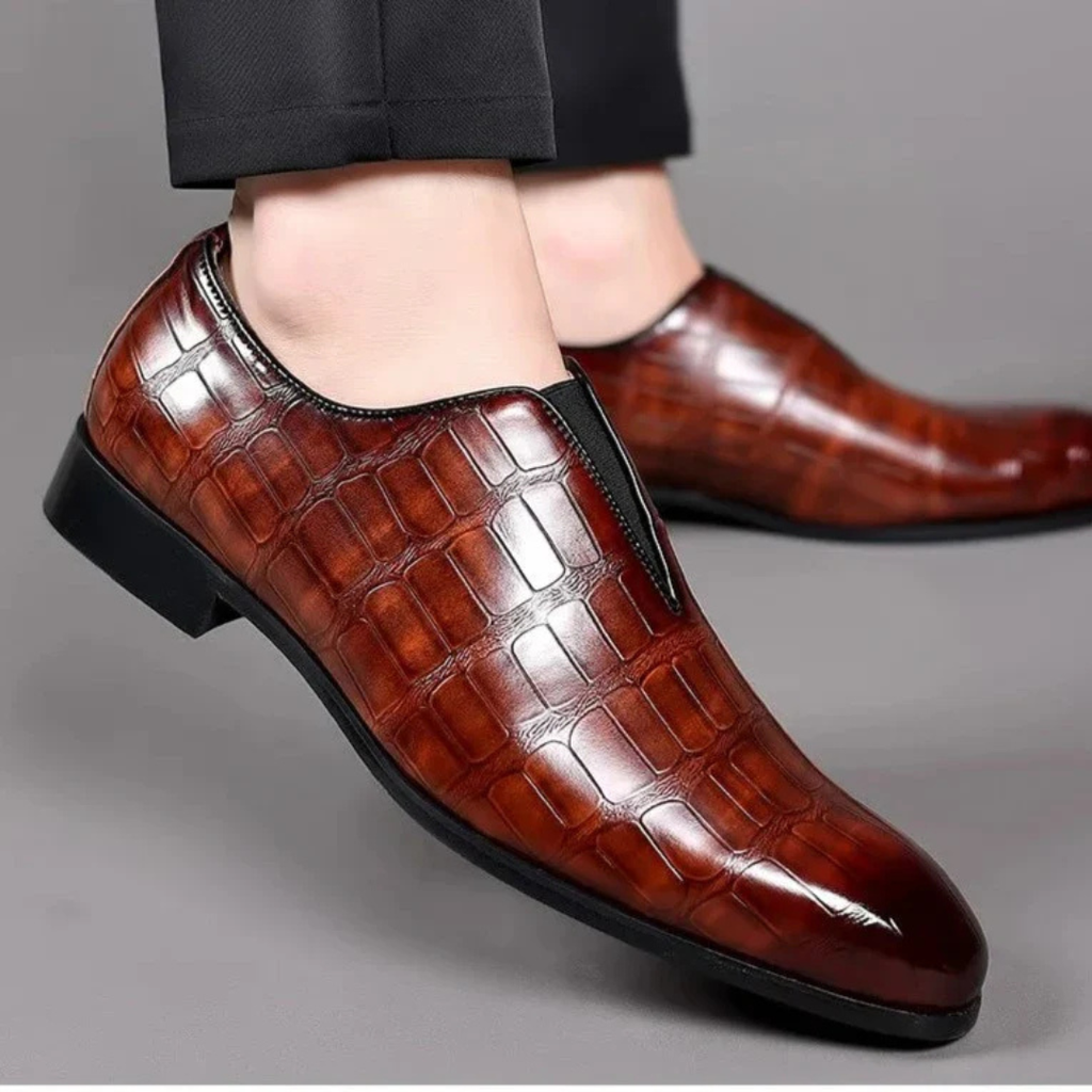Men's Slip-On Dress Shoe with Crocodile Embossed Texture and Block Heel