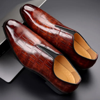 Men's Slip-On Dress Shoe with Crocodile Embossed Texture and Block Heel