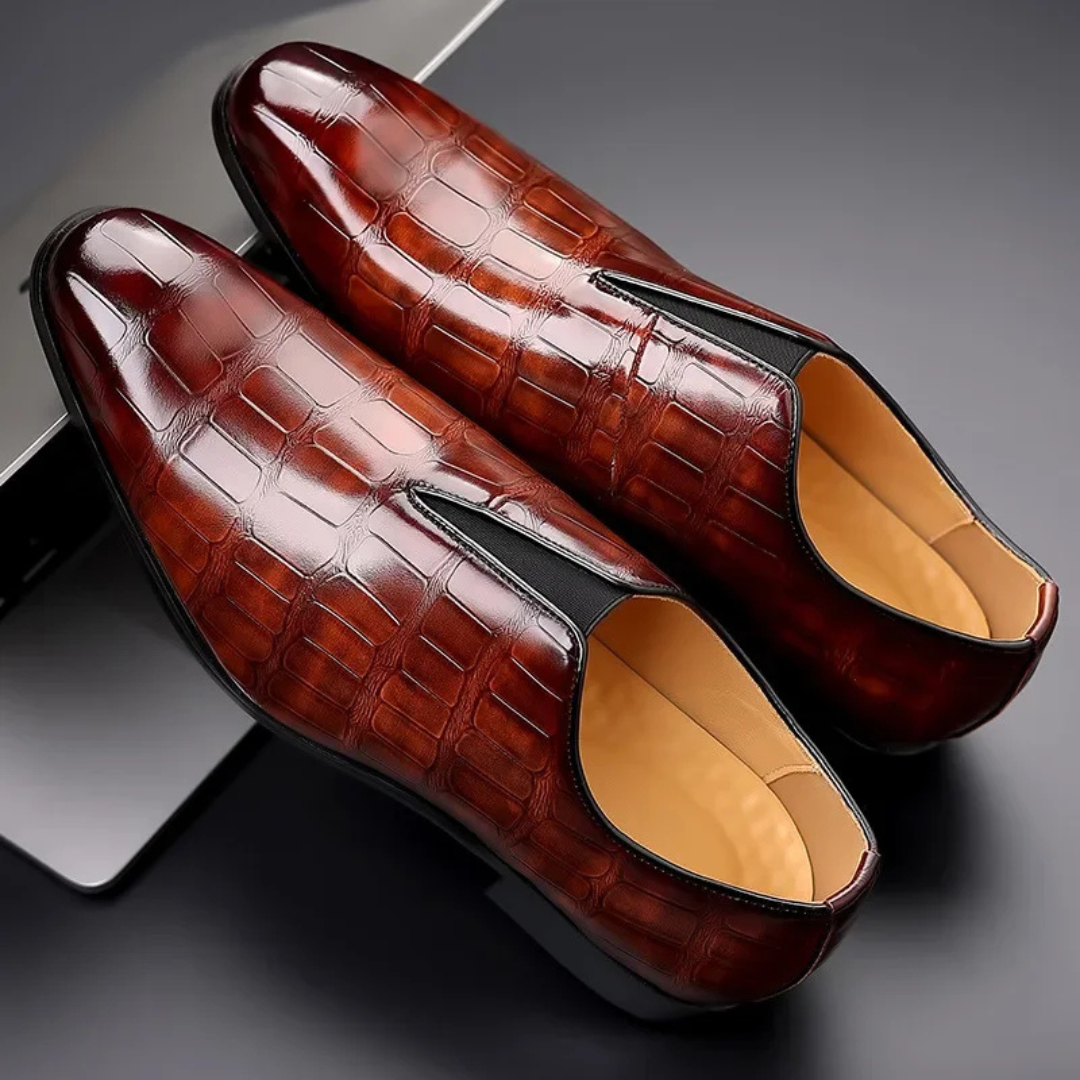 Men's Slip-On Dress Shoe with Crocodile Embossed Texture and Block Heel