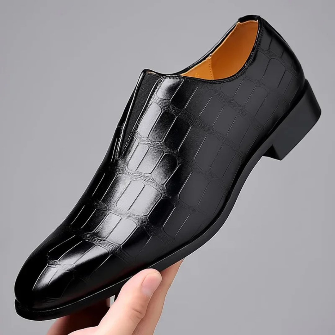 Men's Slip-On Dress Shoe with Crocodile Embossed Texture and Block Heel