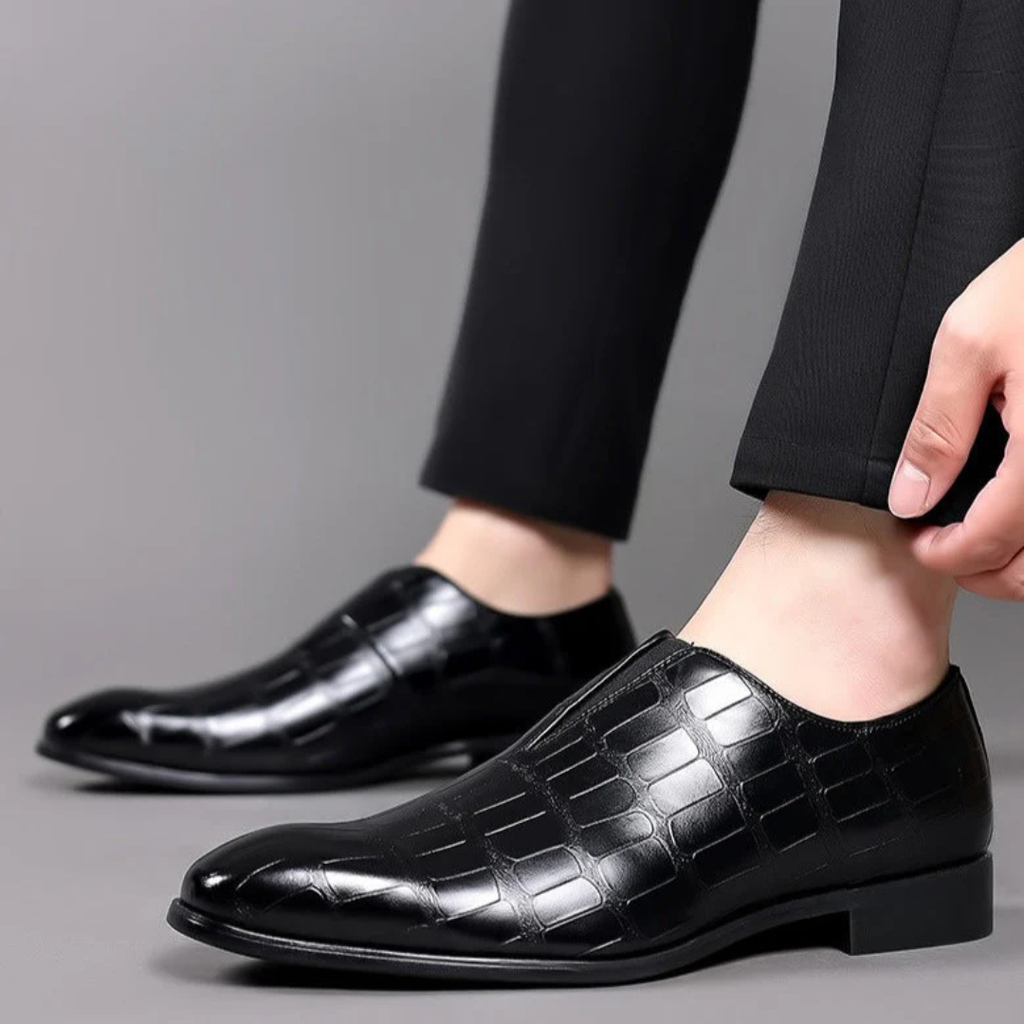 Men's Slip-On Dress Shoe with Crocodile Embossed Texture and Block Heel