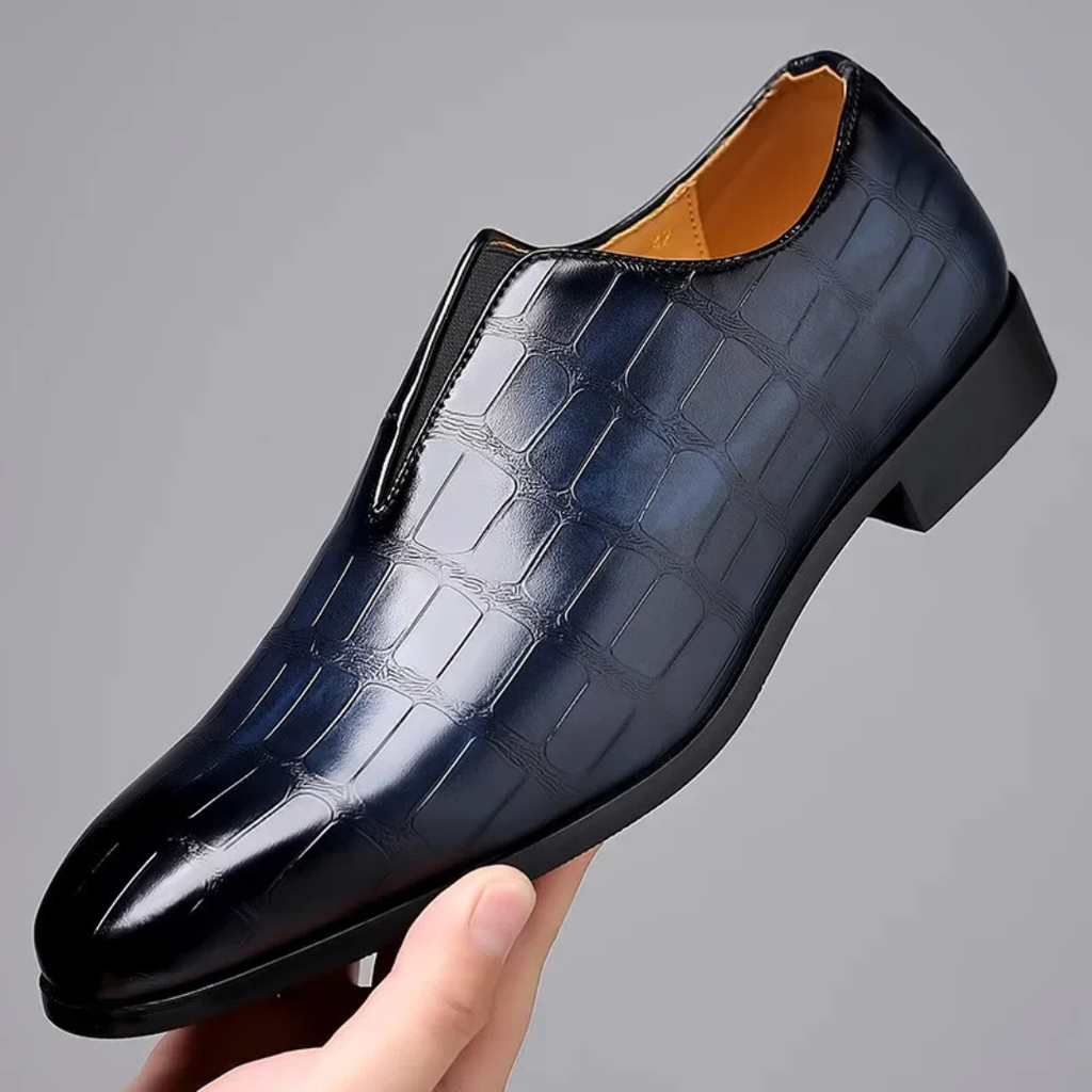Men's Slip-On Dress Shoe with Crocodile Embossed Texture and Block Heel