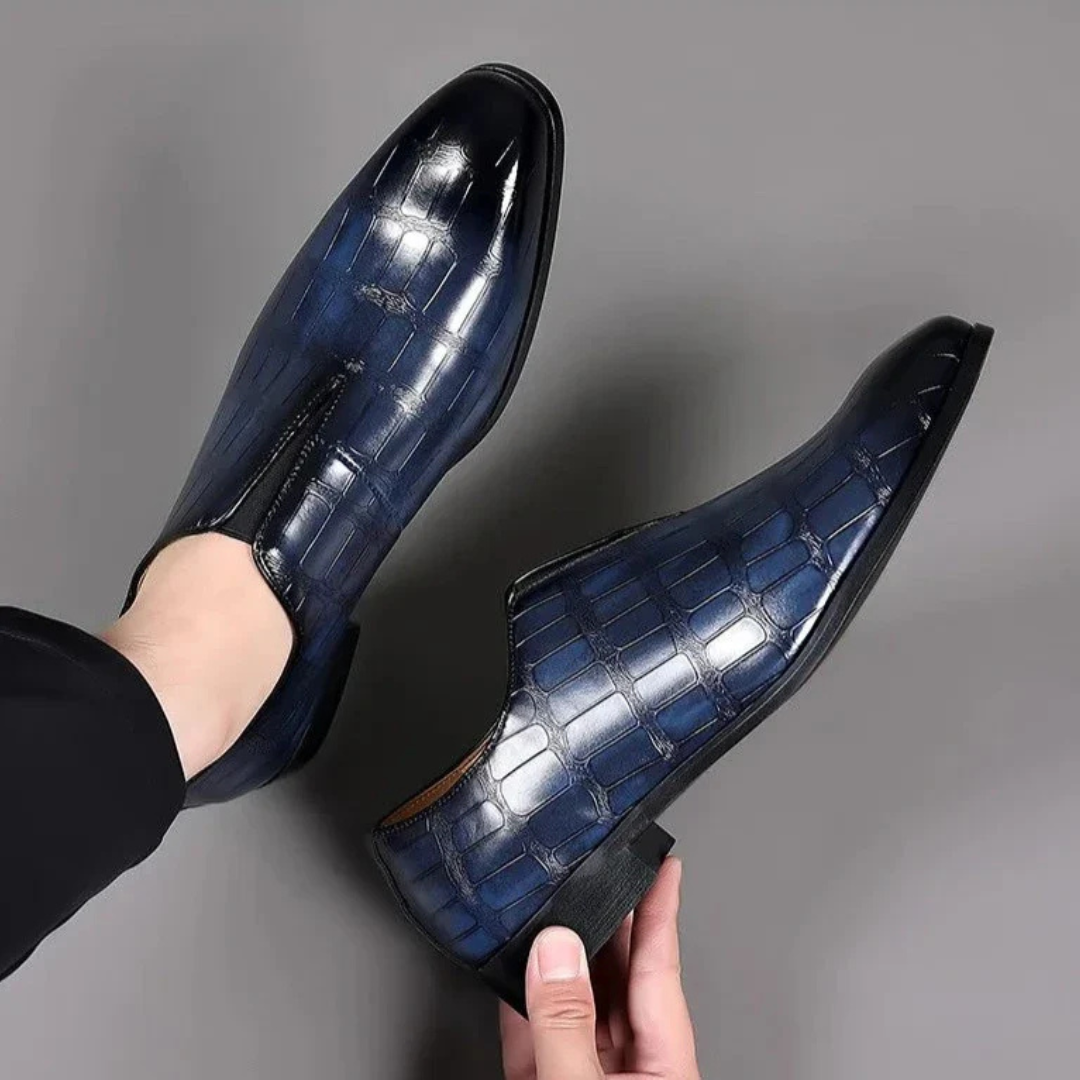 Men's Slip-On Dress Shoe with Crocodile Embossed Texture and Block Heel