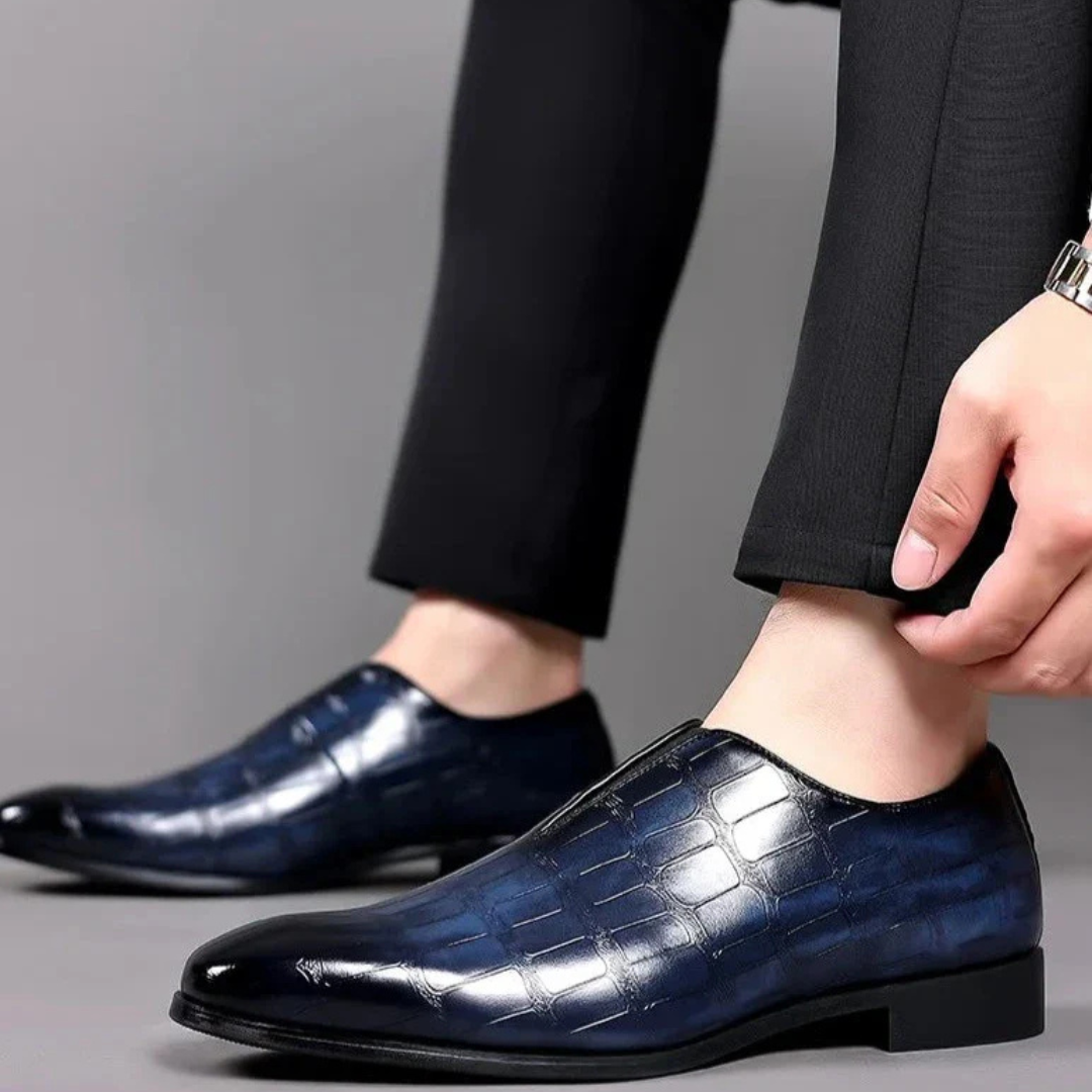 Men's Slip-On Dress Shoe with Crocodile Embossed Texture and Block Heel