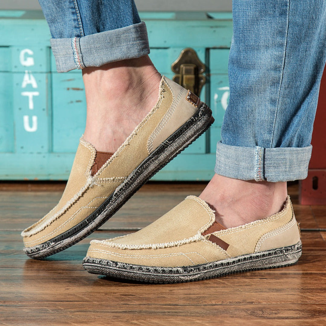 Men's Slip-On Loafers with Frayed Edge Detail and Contrast Topstitching