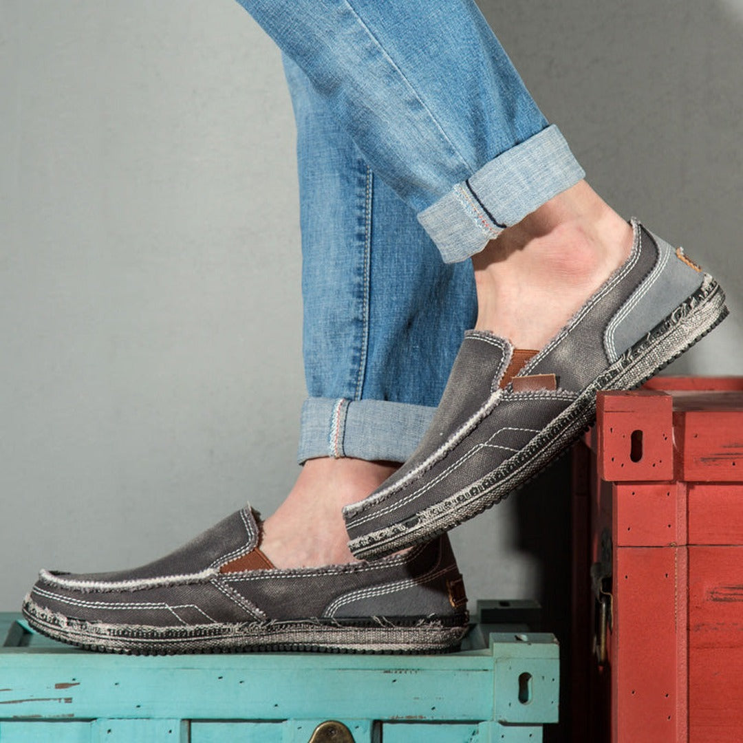 Men's Slip-On Loafers with Frayed Edge Detail and Contrast Topstitching