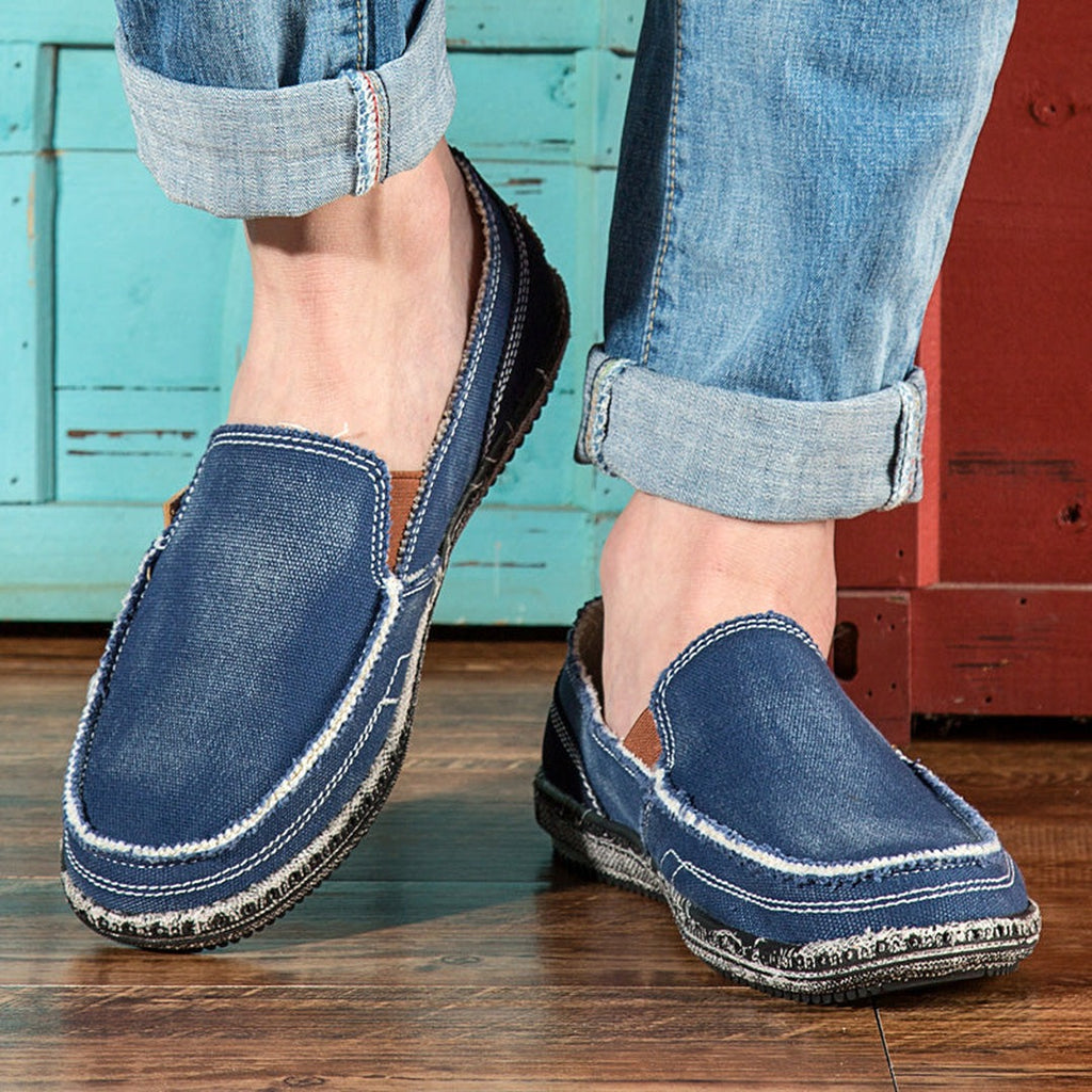 Men's Slip-On Loafers with Frayed Edge Detail and Contrast Topstitching