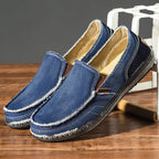 Men's Slip-On Loafers with Frayed Edge Detail and Contrast Topstitching