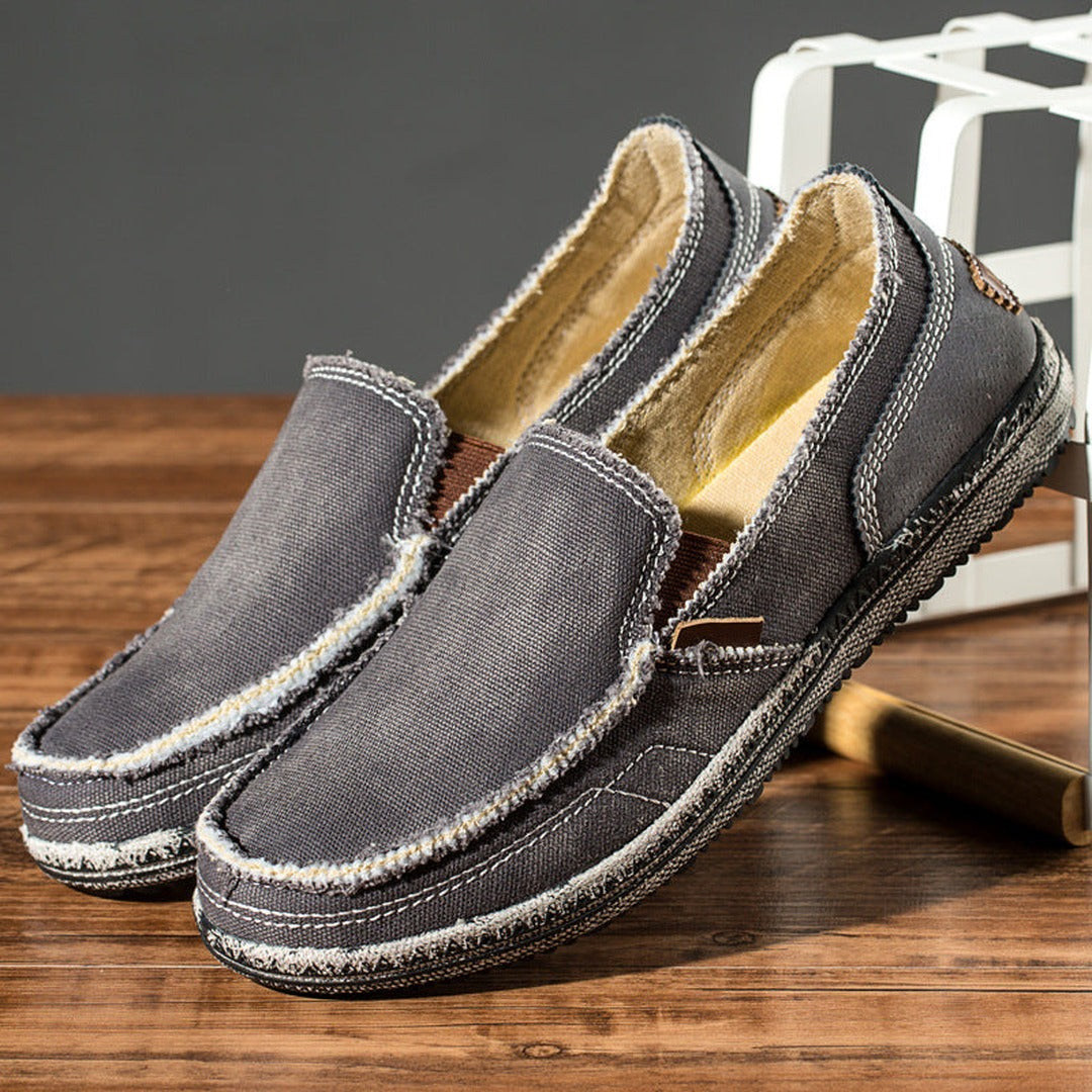 Men's Slip-On Loafers with Frayed Edge Detail and Contrast Topstitching