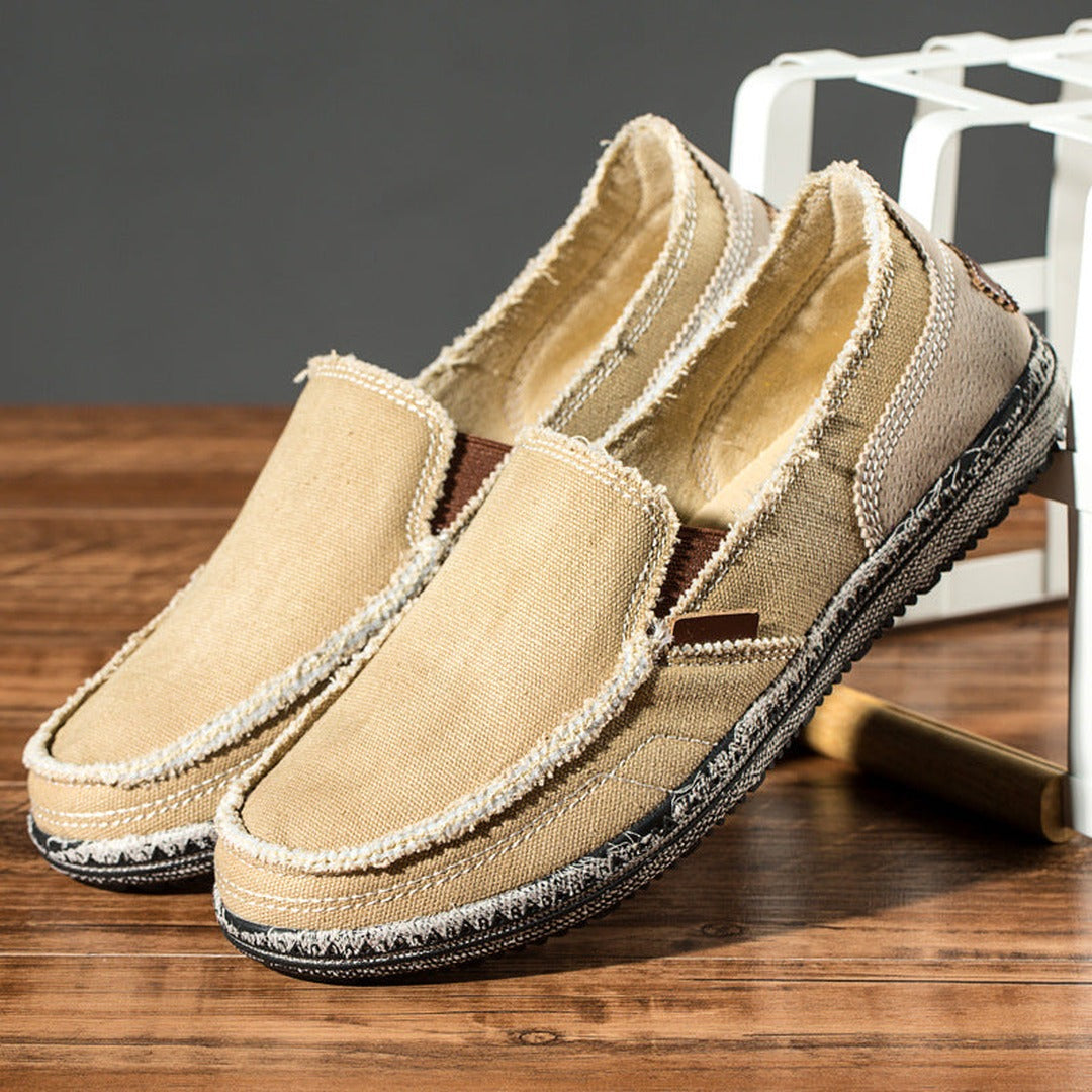 Men's Slip-On Loafers with Frayed Edge Detail and Contrast Topstitching