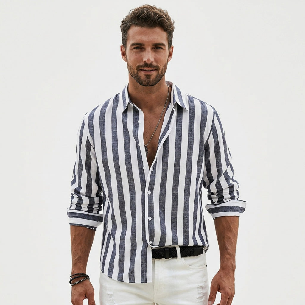 Men's Striped Long Sleeve Shirt with Button Front