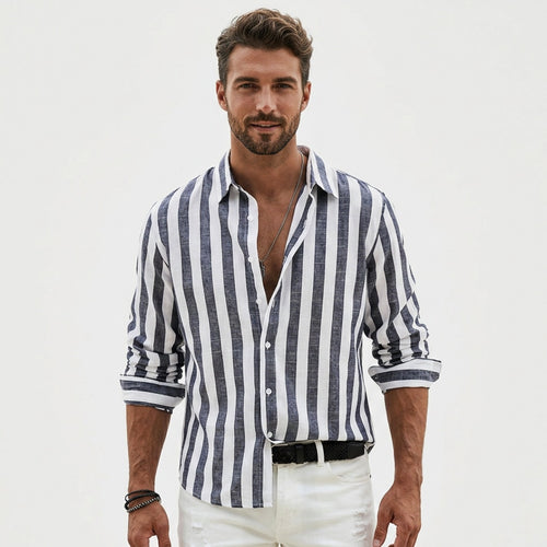 Men's Striped Long Sleeve Shirt with Button Front