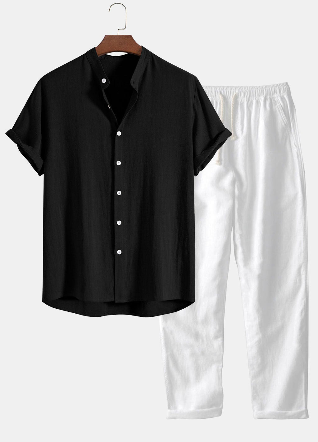 Men's Two Piece Set with Short Sleeve Shirt and Drawstring Trousers