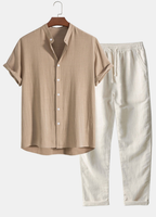 Men's Two Piece Set with Short Sleeve Shirt and Drawstring Trousers