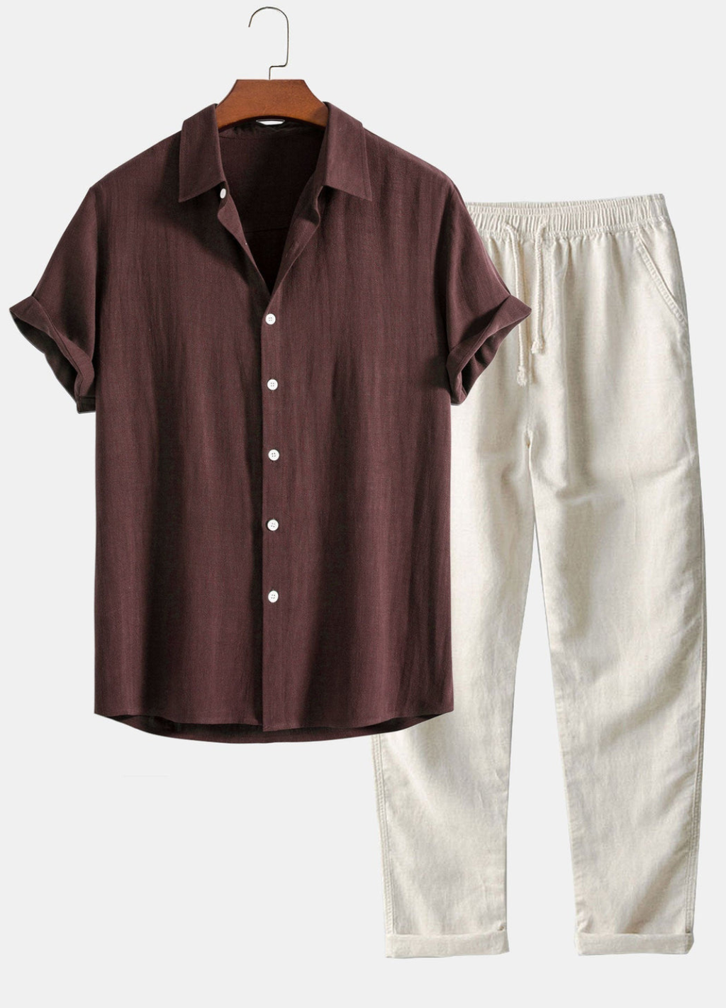 Men's Two Piece Set with Short Sleeve Shirt and Drawstring Trousers