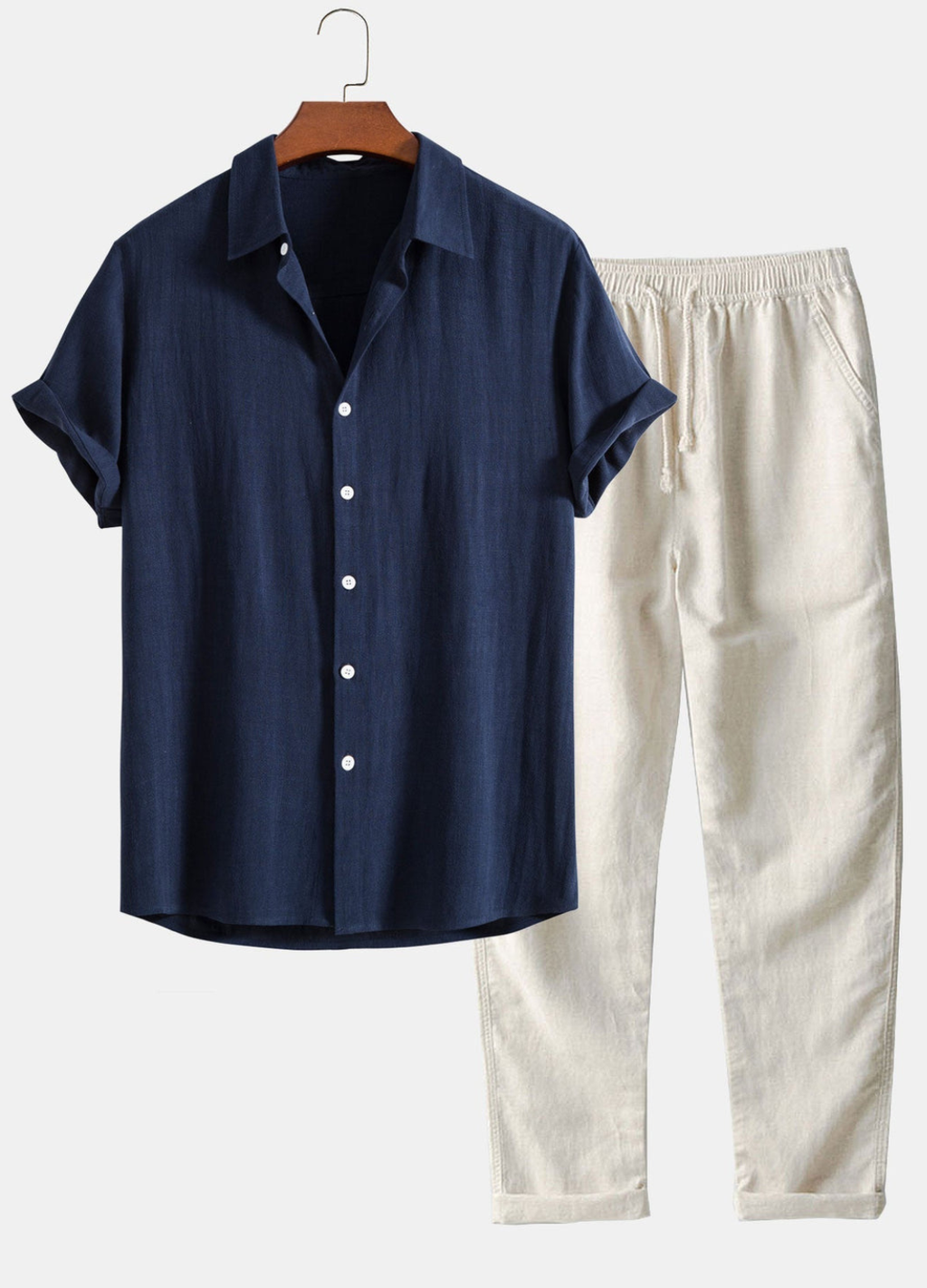 Men's Two Piece Set with Short Sleeve Shirt and Drawstring Trousers