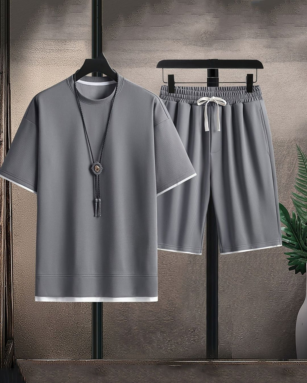 Men's Two Piece Waffle Knit Set with Short Sleeve T-Shirt and Drawstring Shorts