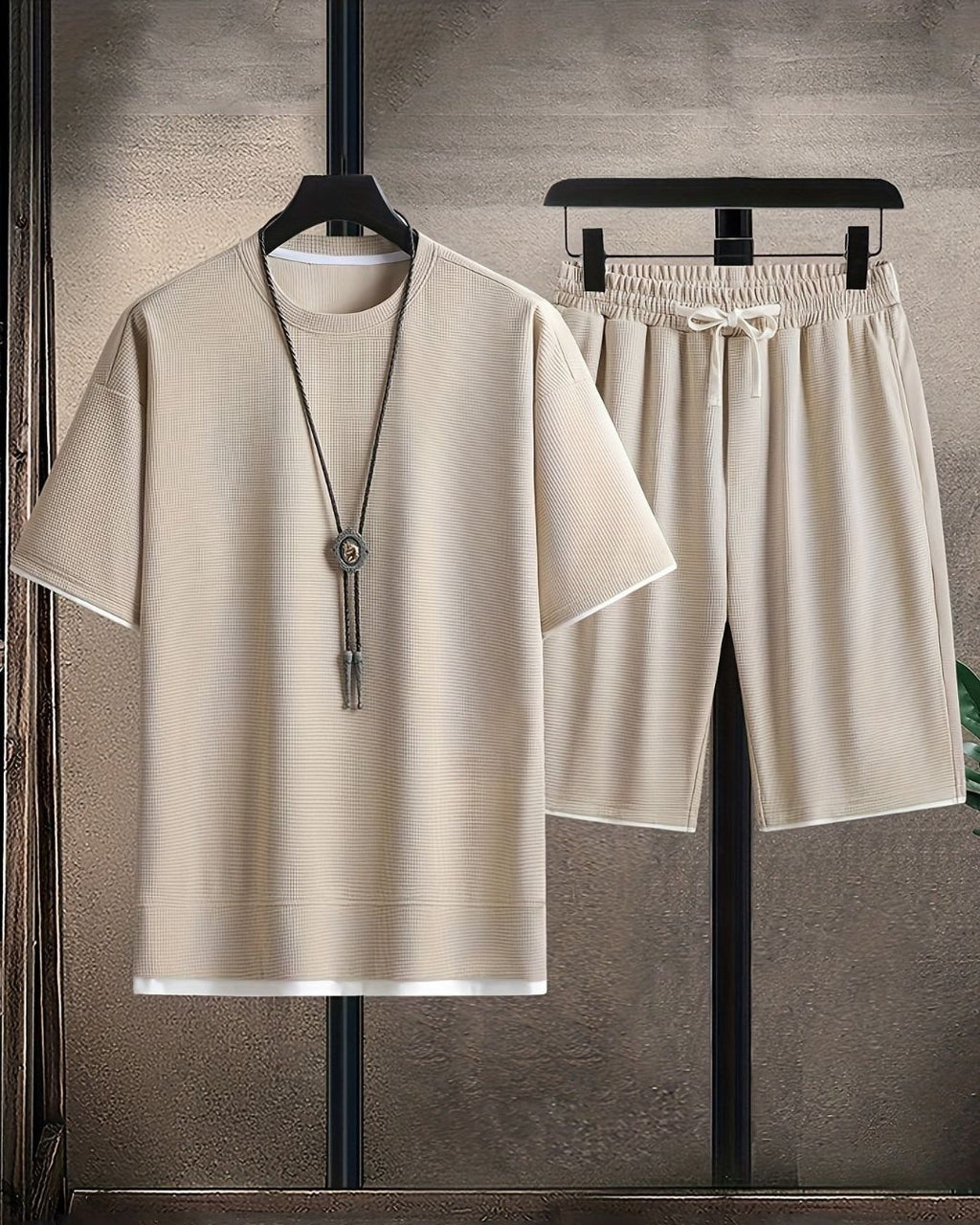 Men's Two Piece Waffle Knit Set with Short Sleeve T-Shirt and Drawstring Shorts