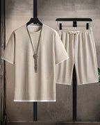Men's Two Piece Waffle Knit Set with Short Sleeve T-Shirt and Drawstring Shorts