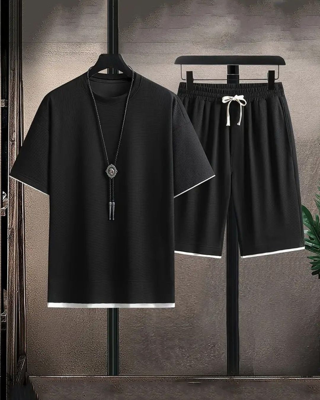Men's Two Piece Waffle Knit Set with Short Sleeve T-Shirt and Drawstring Shorts