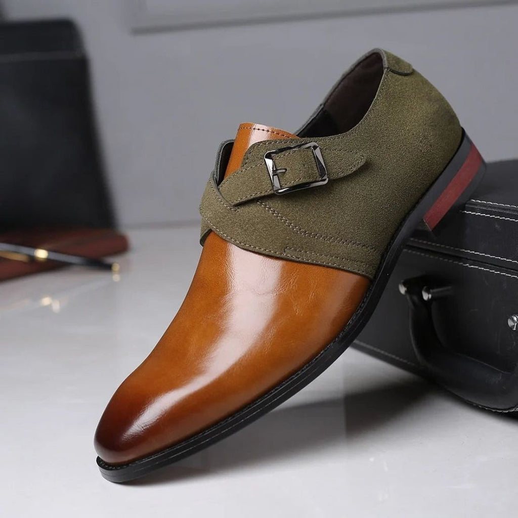 Men's Two-Tone Monk Strap Shoes with Suede Panel and Buckle Closure