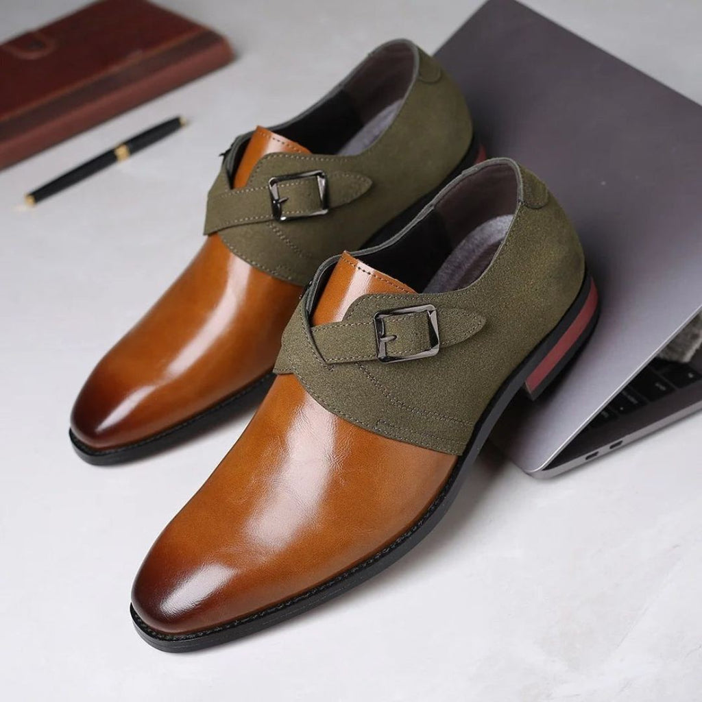 Men's Two-Tone Monk Strap Shoes with Suede Panel and Buckle Closure