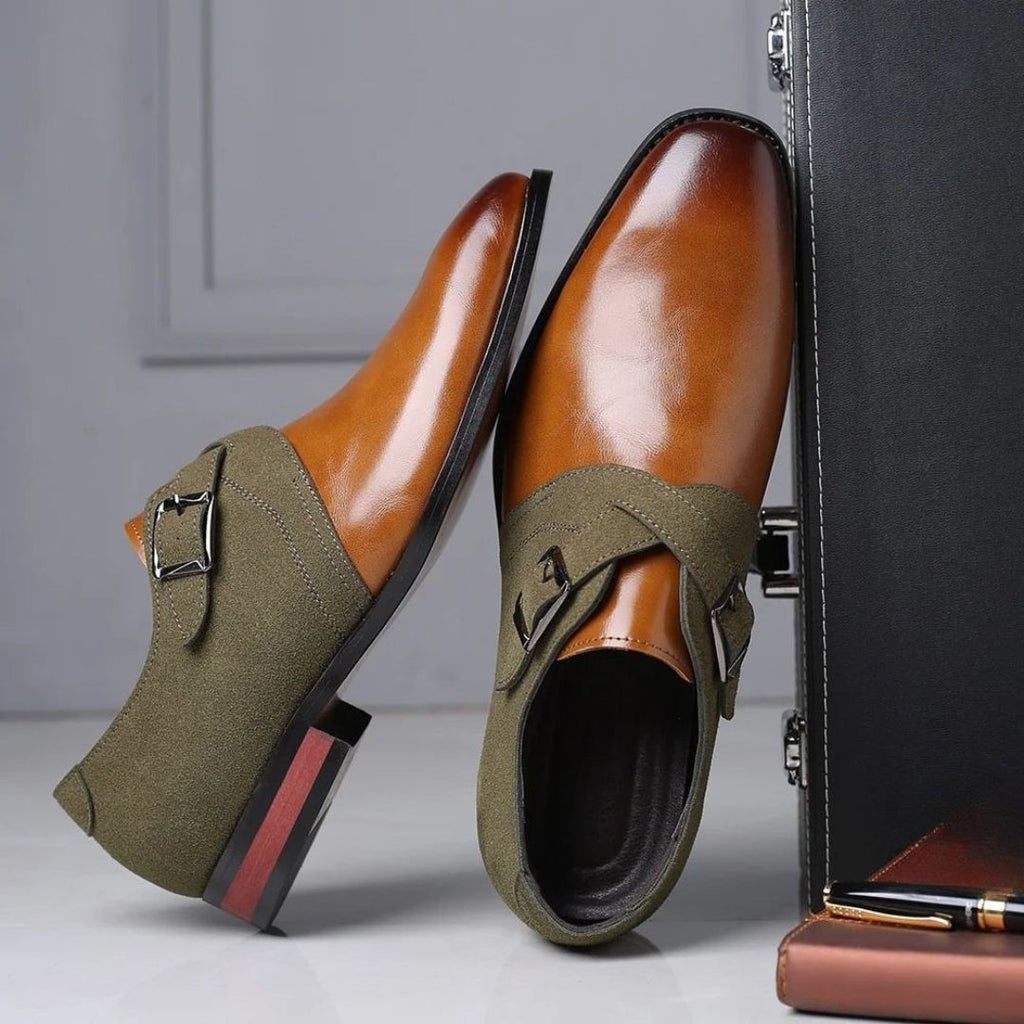 Men's Two-Tone Monk Strap Shoes with Suede Panel and Buckle Closure