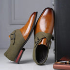 Men's Two-Tone Monk Strap Shoes with Suede Panel and Buckle Closure