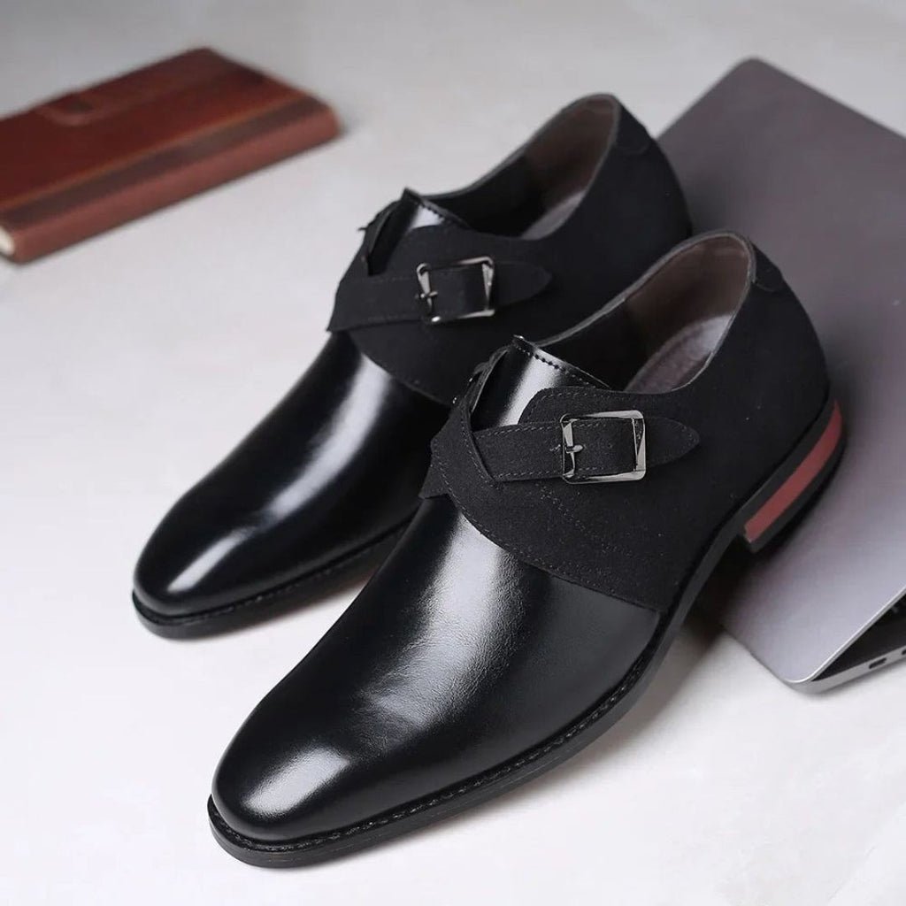 Men's Two-Tone Monk Strap Shoes with Suede Panel and Buckle Closure