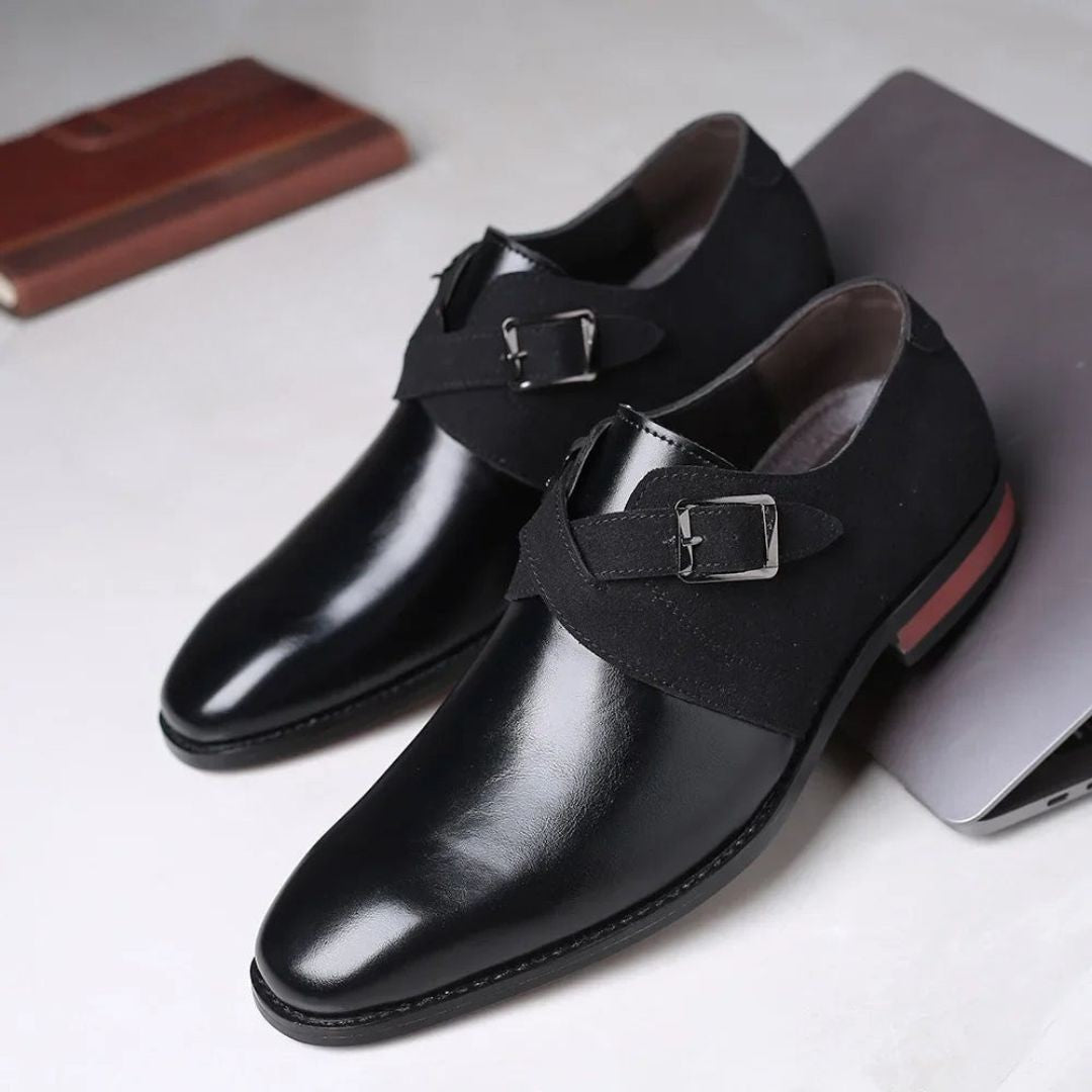 Men's Two-Tone Monk Strap Shoes with Suede Panel and Buckle Closure