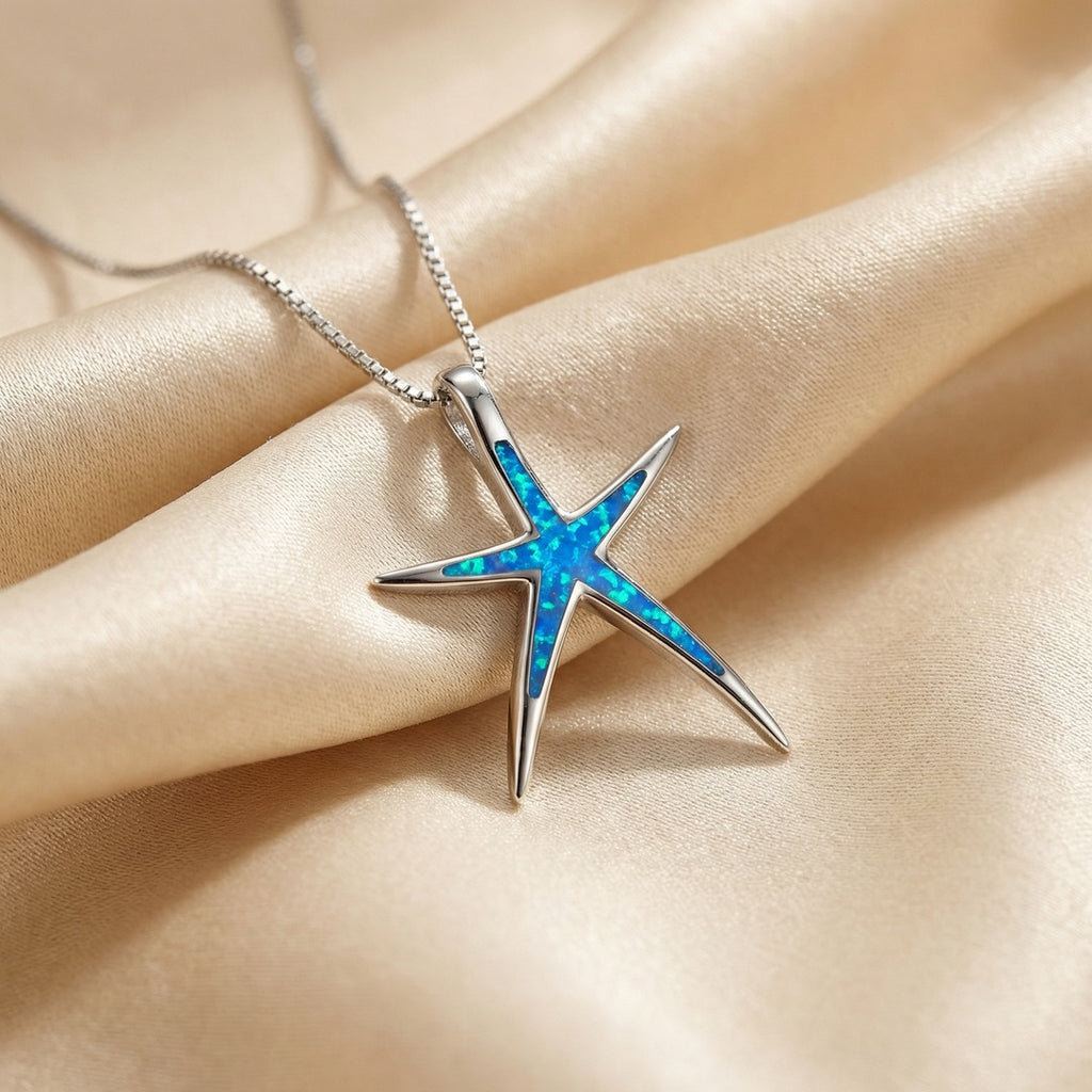 Starfish Pendant Necklace with Blue Iridescent Inlay and Silver-Tone Box Chain