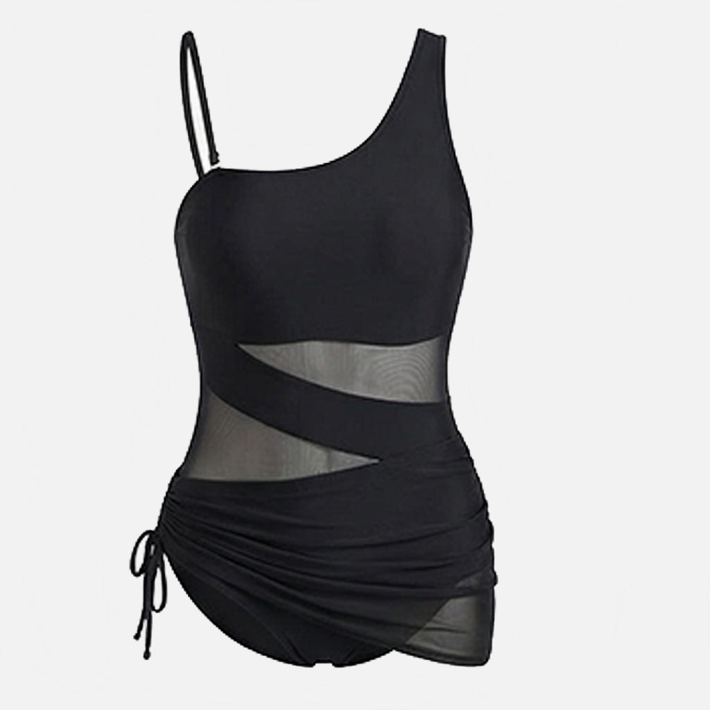 Women's One Piece Swimsuit with Open-Weave Panel and Ruched Skirt