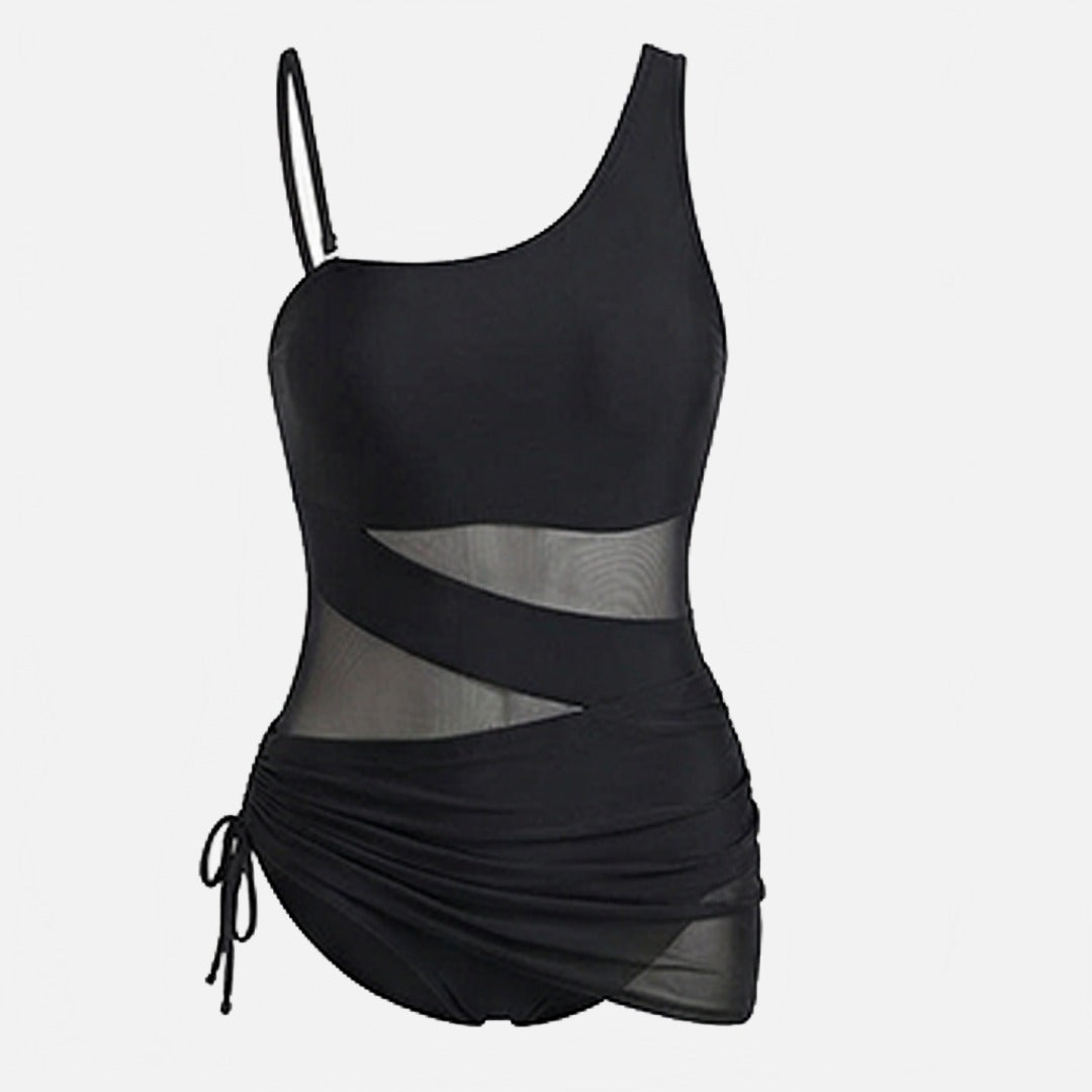 Women's One Piece Swimsuit with Open-Weave Panel and Ruched Skirt