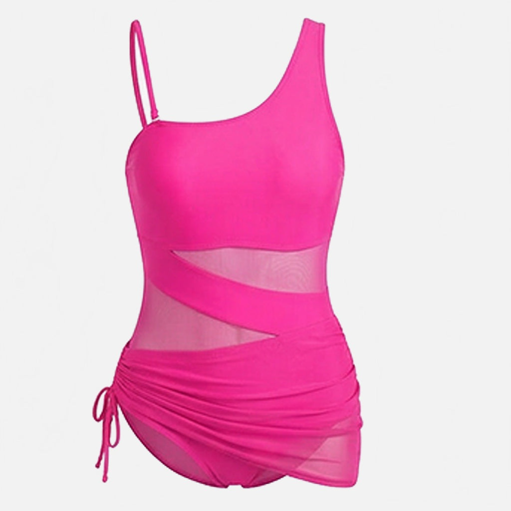 Women's One Piece Swimsuit with Open-Weave Panel and Ruched Skirt