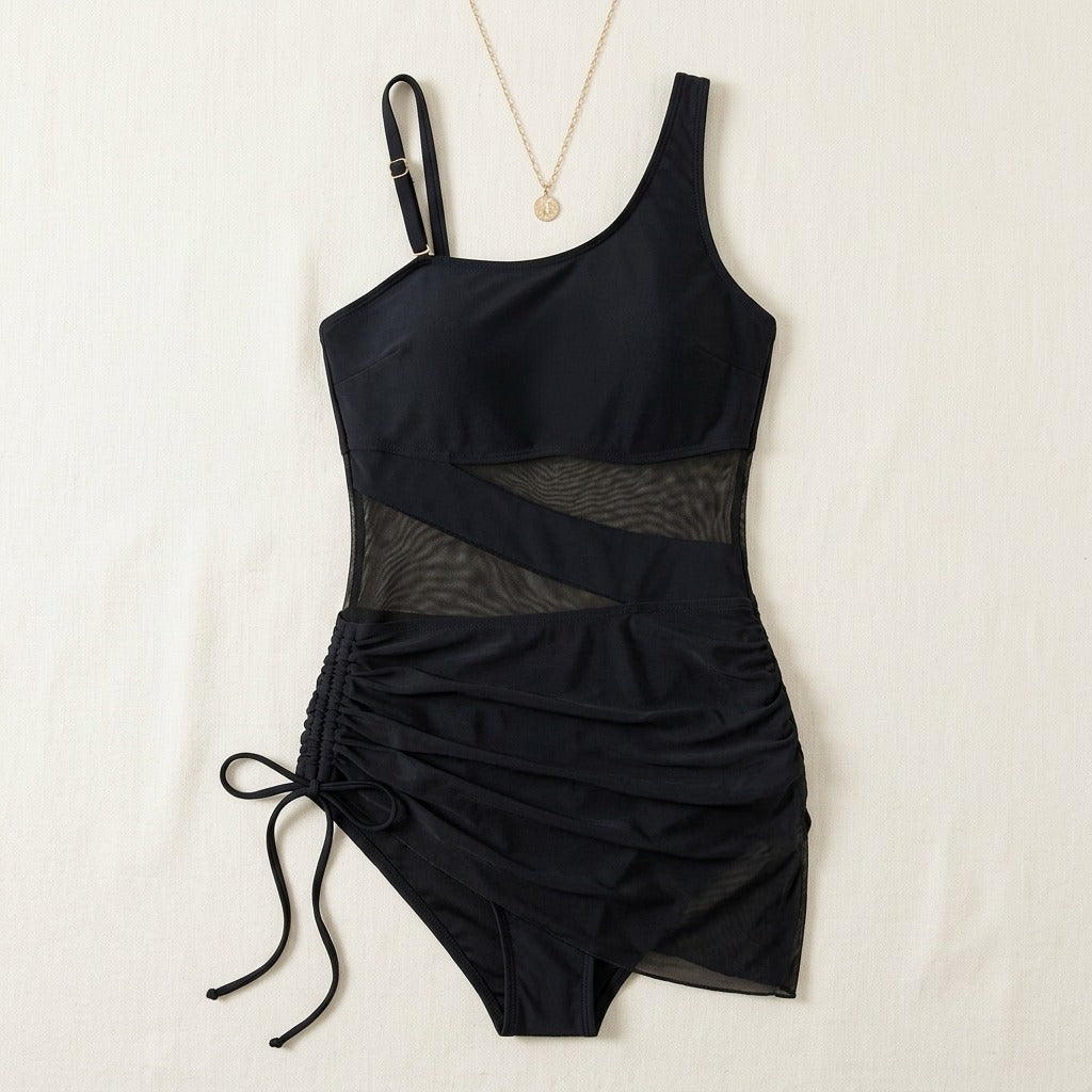 Women's One Piece Swimsuit with Open-Weave Panel and Ruched Skirt