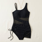 Women's One Piece Swimsuit with Open-Weave Panel and Ruched Skirt