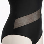 Women's One Piece Swimsuit with Open-Weave Panel and Ruched Skirt